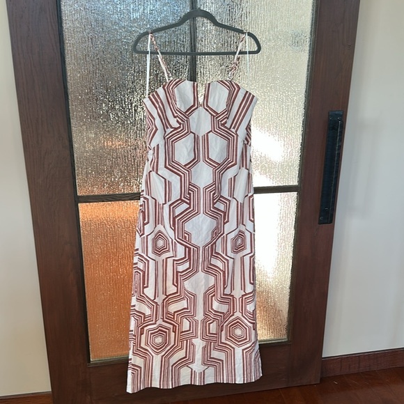 By Anthropologie Strapless Linen Plunge-neck MIDI Dress Size 14 NWT BROWN motif - Picture 9 of 17